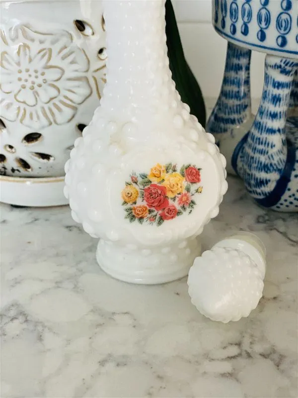 Milk Glass Hobnail Floral Perfume Bottle