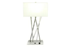 Modern Style Metal Table Lamp with Rectangular White Drum Shade, USB Plug & Power Outlet | 16" X 29"