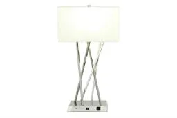 Modern Style Metal Table Lamp with Rectangular White Drum Shade, USB Plug & Power Outlet | 16" X 29"