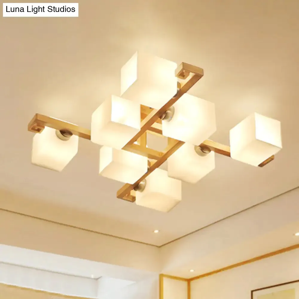 Modernist White Glass Flush Mount Ceiling Light for Living Room - Stylish Splicing Squares Design