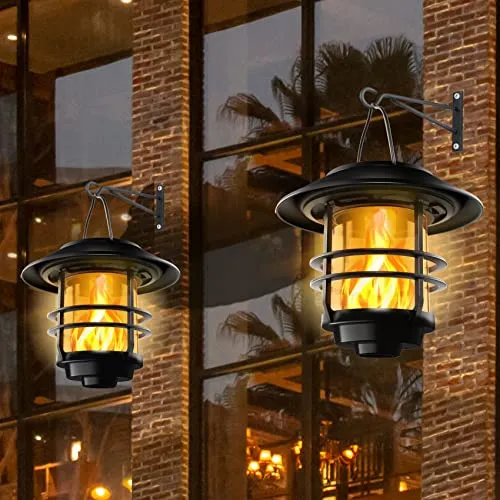 Otdair Solar Wall Lantern Outdoor, Flickering Flames Solar Sconce Lights Outdoor, Hanging Solar Lamps Wall Mount for Front Porch, Patio and Yard, 2 Pack