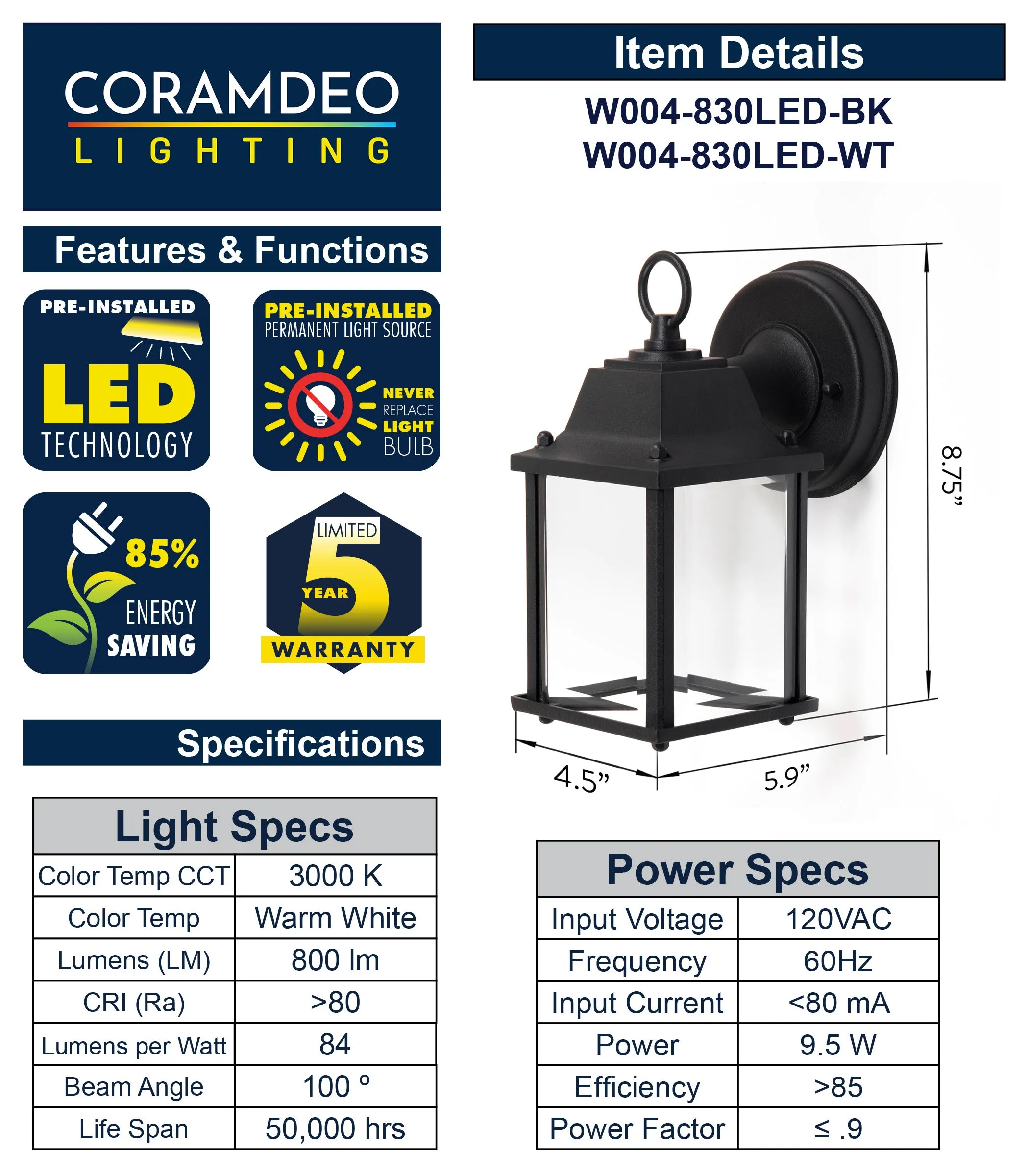 Outdoor Integrated LED Wall Porch Light, 800 Lumens, 3K, Wet Location, Black or White Finish with Beveled Glass