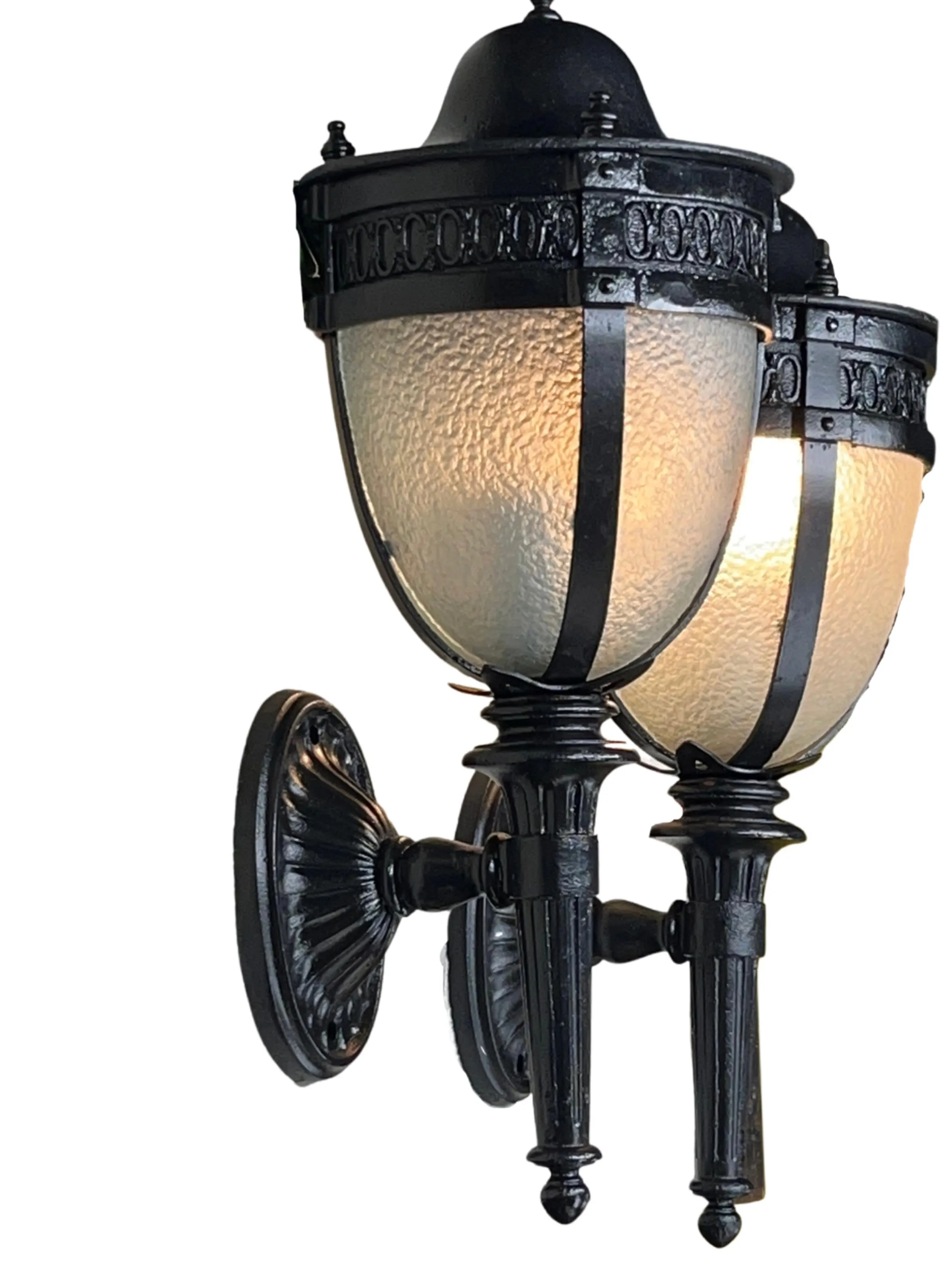 Pair Outside Coach Lanterns ca 1920 with Pebble Glass #2342