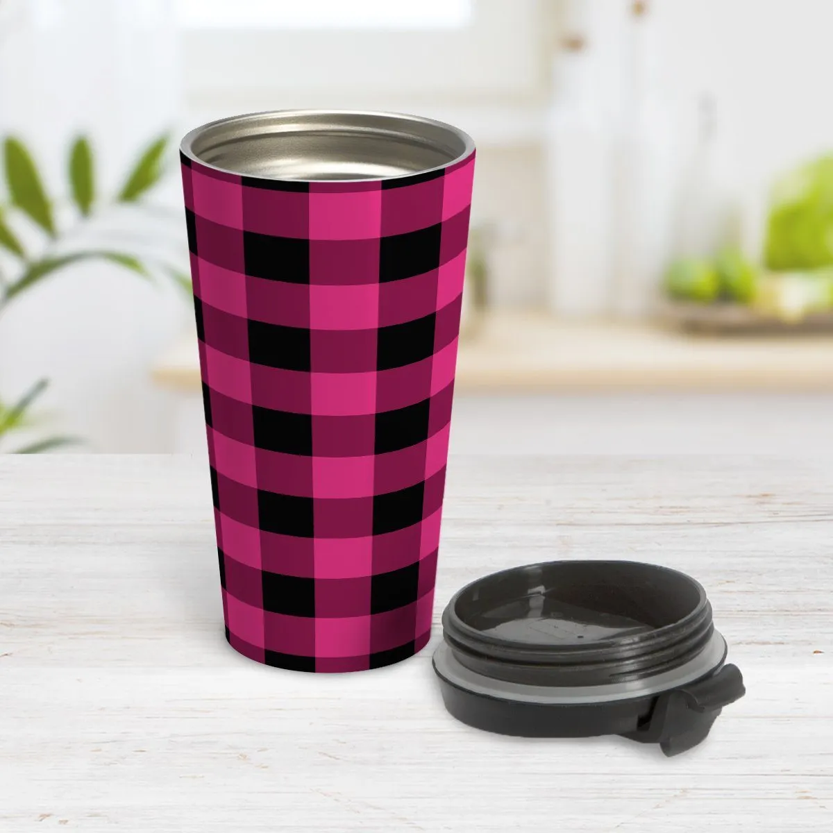 Pink and Black Buffalo Plaid Travel Mug