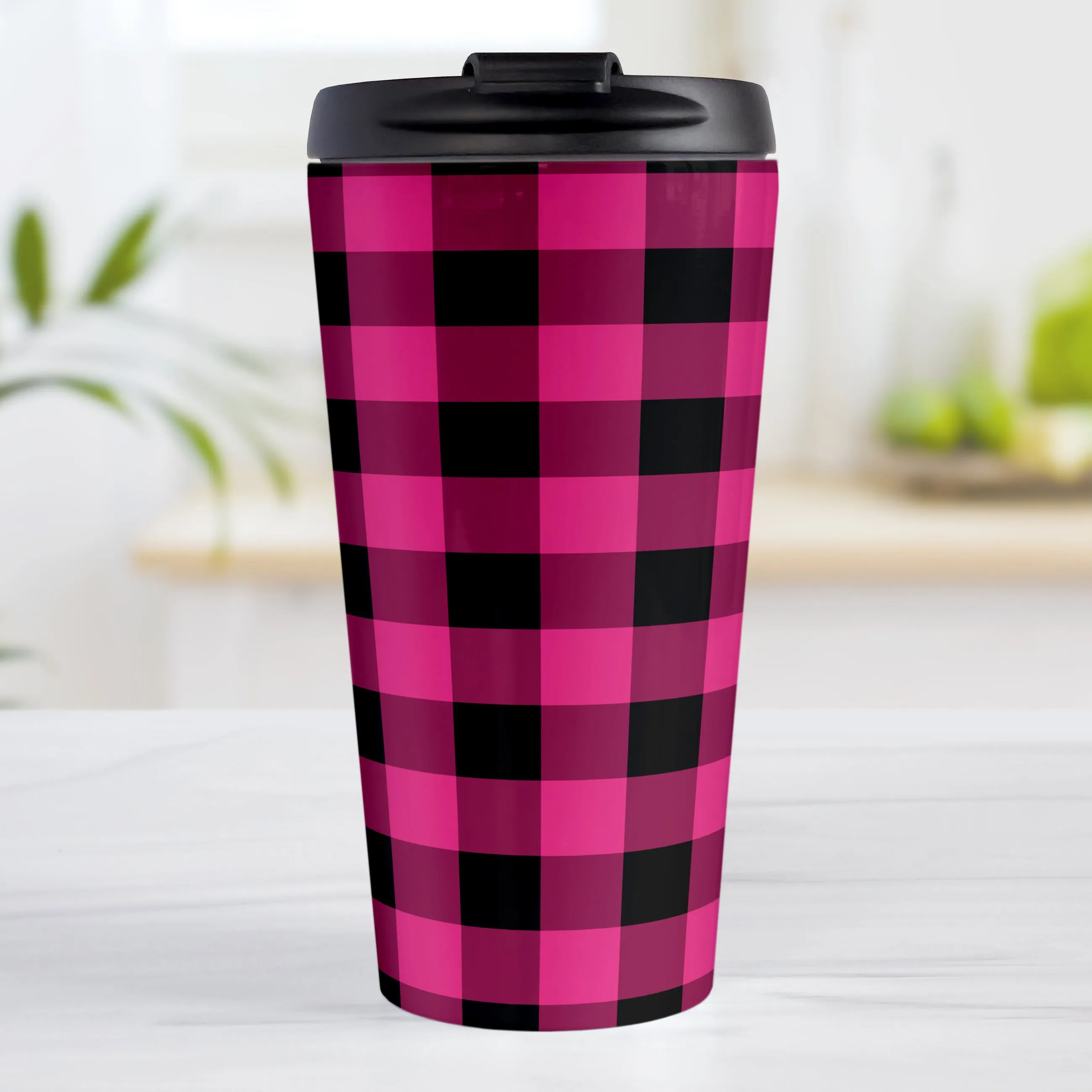 Pink and Black Buffalo Plaid Travel Mug