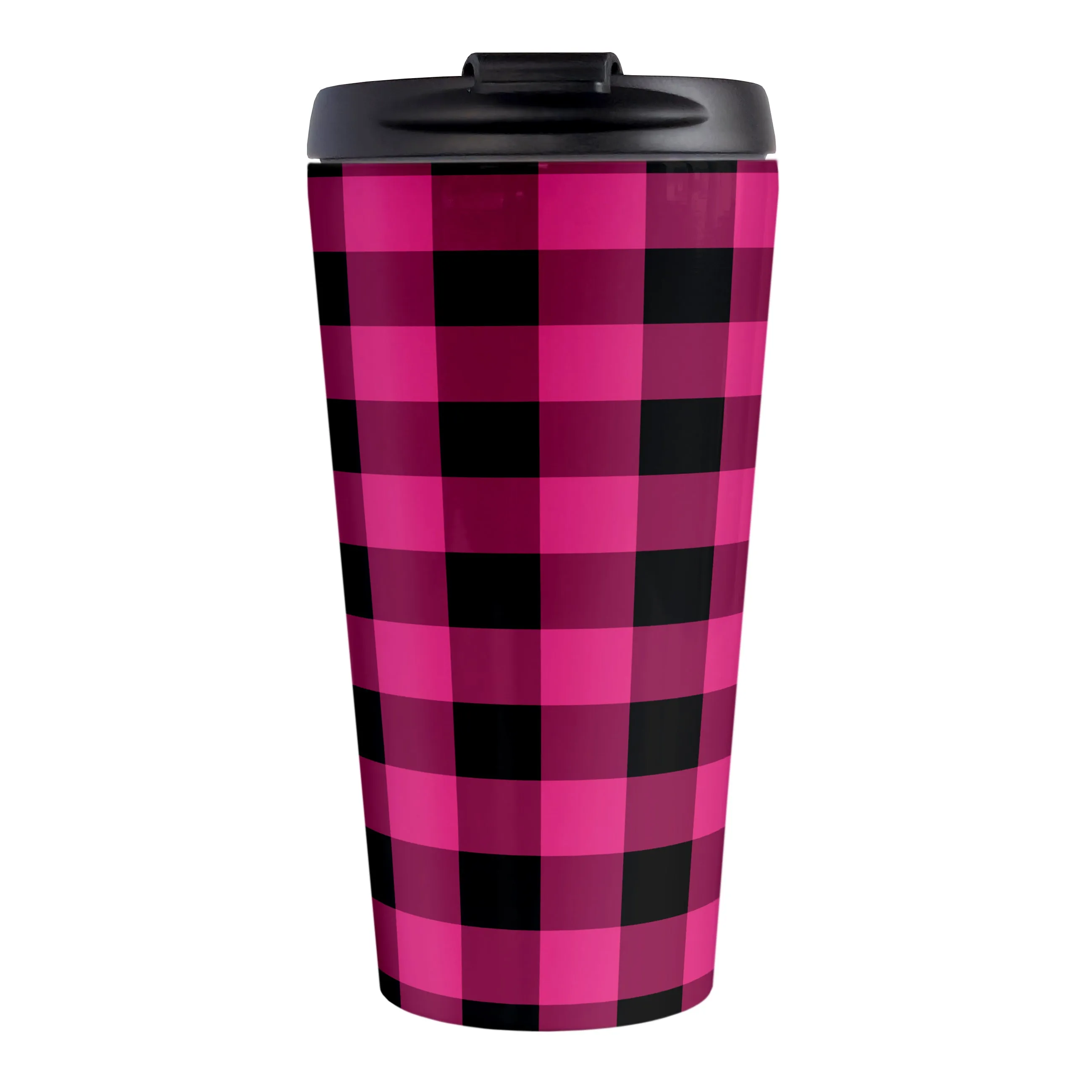 Pink and Black Buffalo Plaid Travel Mug