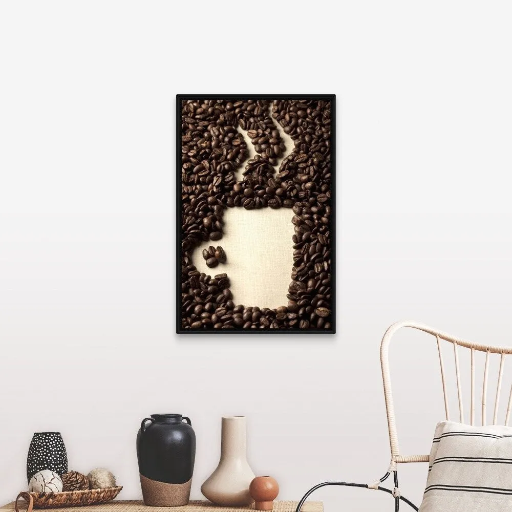 "Coffee beans arranged as a cup of coffee" Black Float Frame Canvas Art