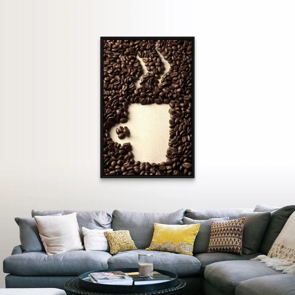 "Coffee beans arranged as a cup of coffee" Black Float Frame Canvas Art