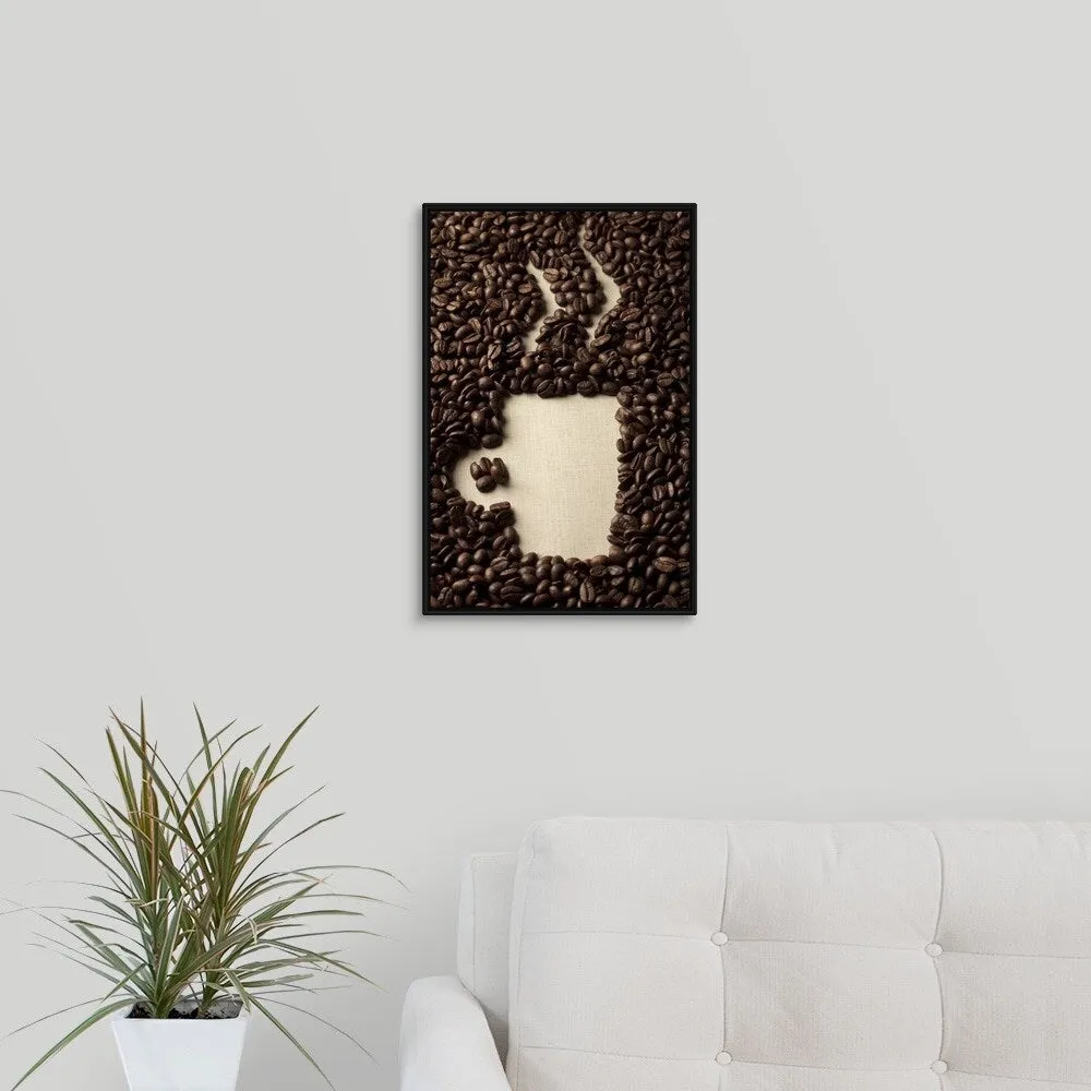 "Coffee beans arranged as a cup of coffee" Black Float Frame Canvas Art