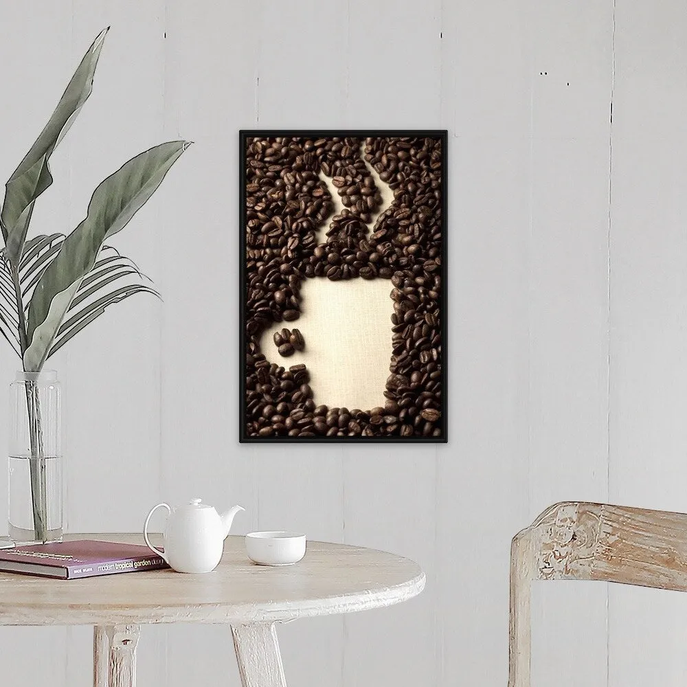 "Coffee beans arranged as a cup of coffee" Black Float Frame Canvas Art