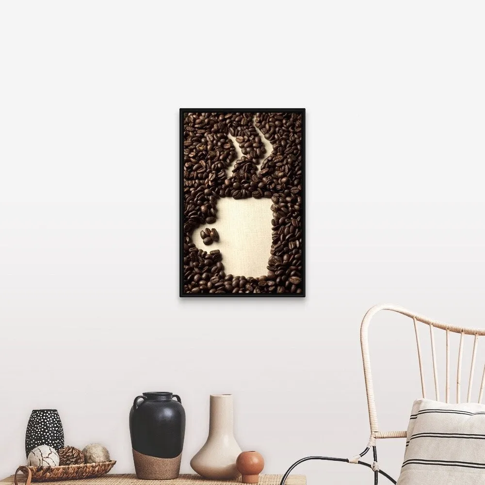 "Coffee beans arranged as a cup of coffee" Black Float Frame Canvas Art