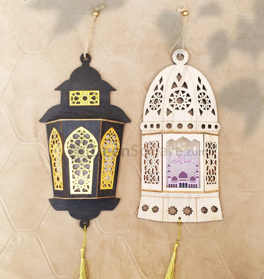 Ramadan Wooden Wall Hanging Lantern Decoration LED Lamp Black