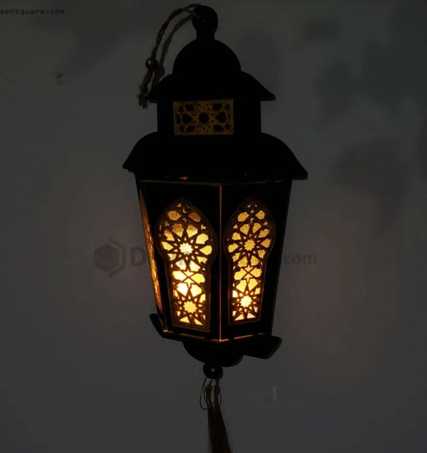 Ramadan Wooden Wall Hanging Lantern Decoration LED Lamp Black