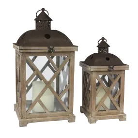 Rustic Wood & Glass Hurricane Candle Lantern Set