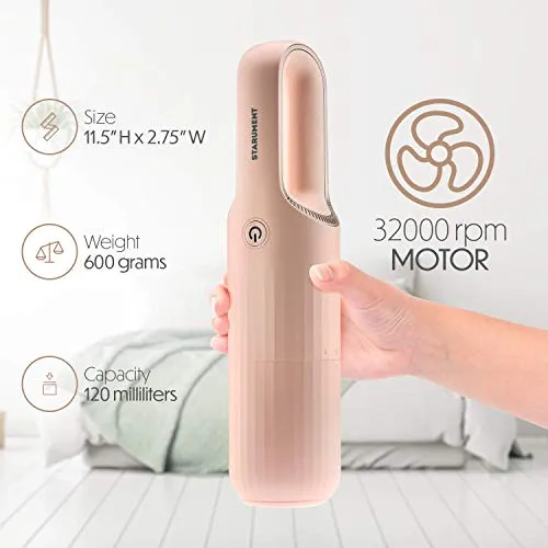 Starument Portable Hand Vacuum Cleaner Handheld Cordless Cleaner for Dust Pet Hair Dirt Home Car Interior, Furniture Lightweight Easy to Use, Compact Design Battery Rechargeable with USB-C Cable Pink