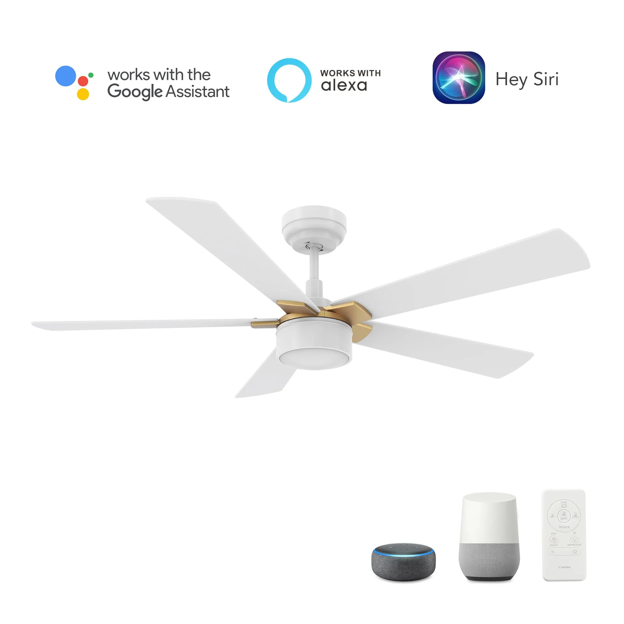 STOCKTON 52 inch 5-Blade Smart Ceiling Fan with LED Light Kit & Remote Control- White/White (Gold Details)