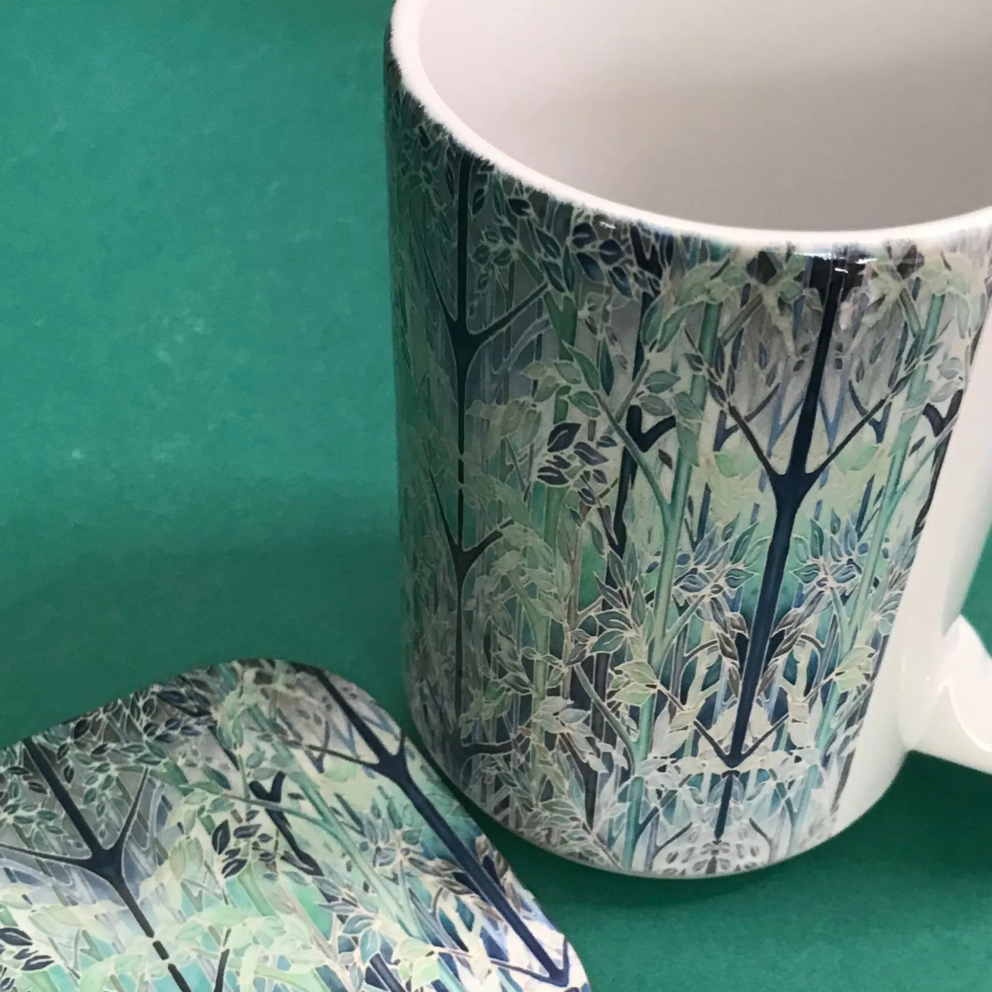 Tranquil Extra Large Mug Green Teal Blue Forest Meditation Extra Large Mug and Coaster - Woodland Mug Set - Mug Gift