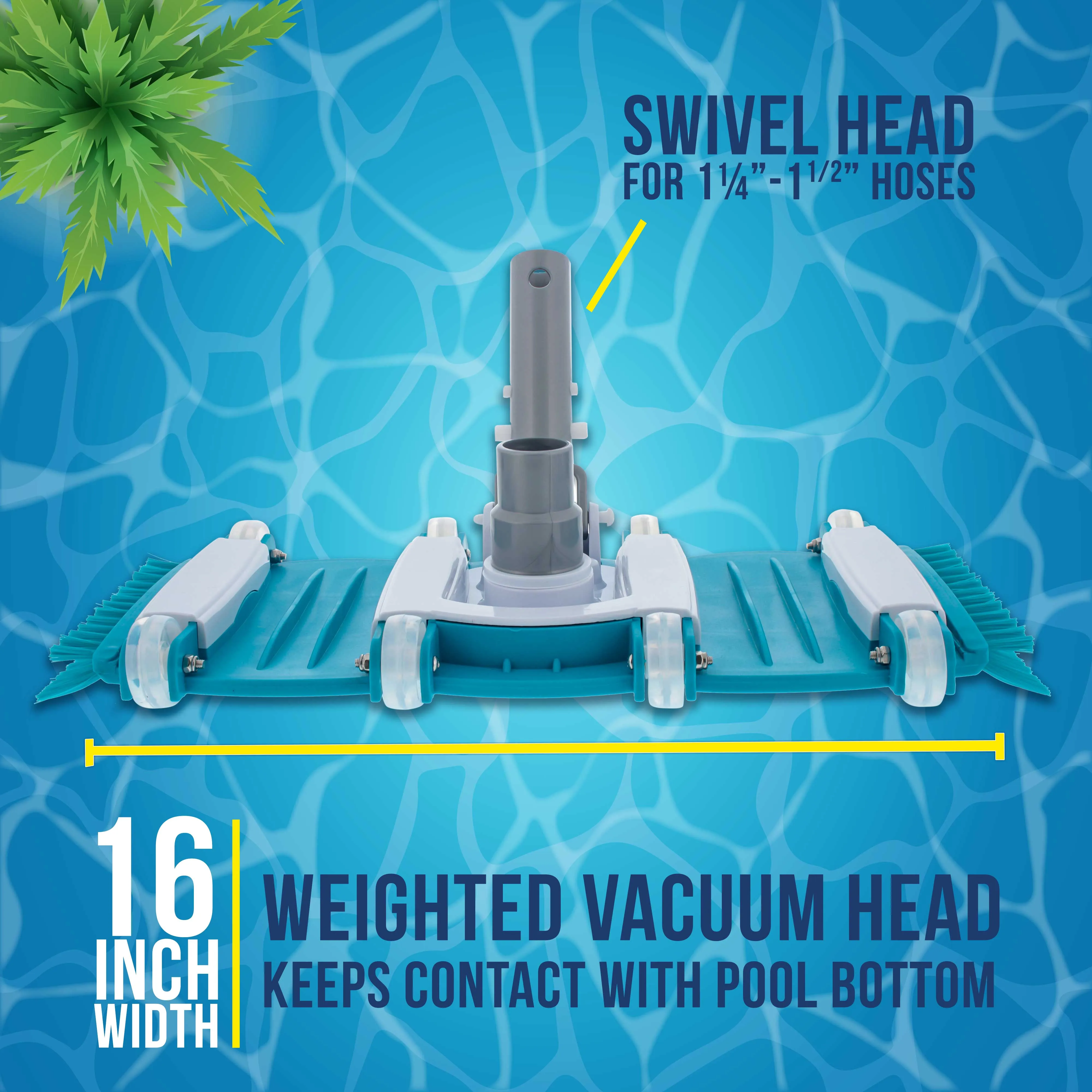 U.S. Pool Supply Professional 16" Weighted Flexible Swimming Pool Vacuum Head with Side Brushes, Swivel Hose Connection, EZ Clip Handle, Heavy Duty