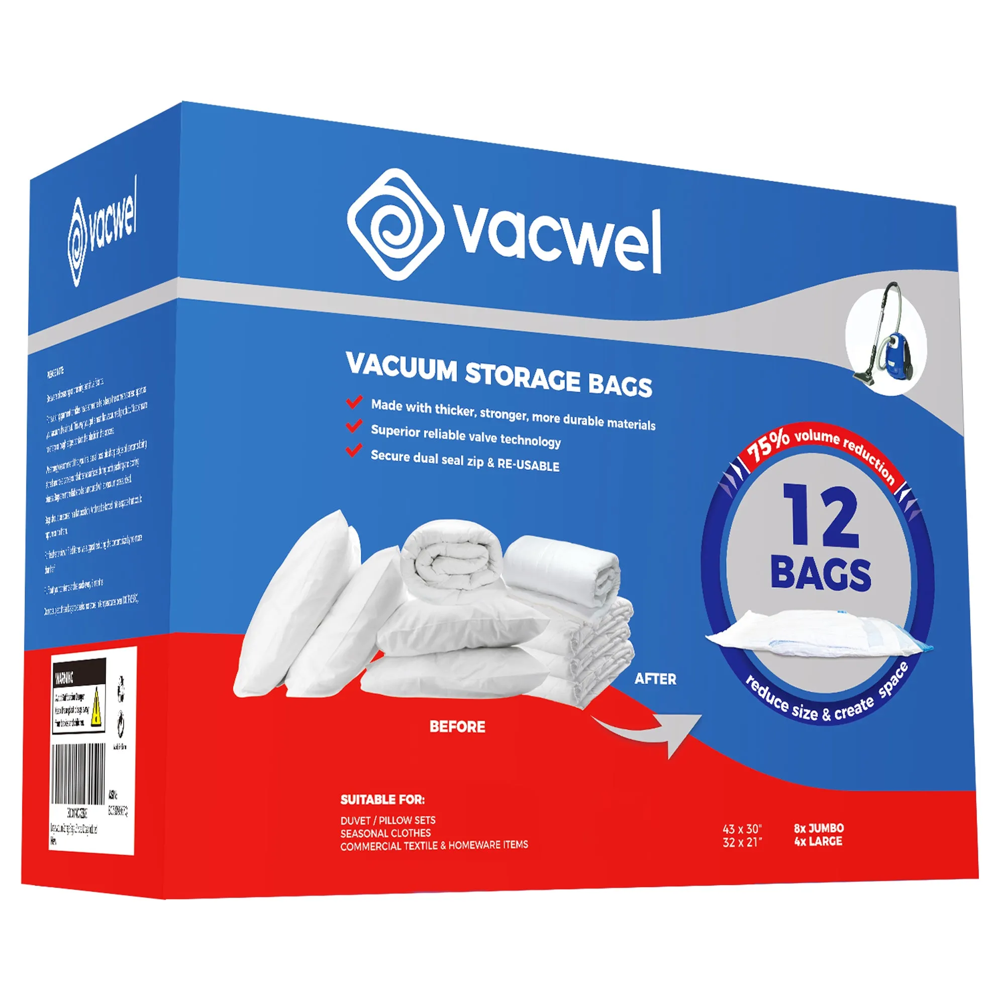 Vacwel Vacuum Storage Bags 8 Jumbo   4 Large Size (12 Bag) Pack