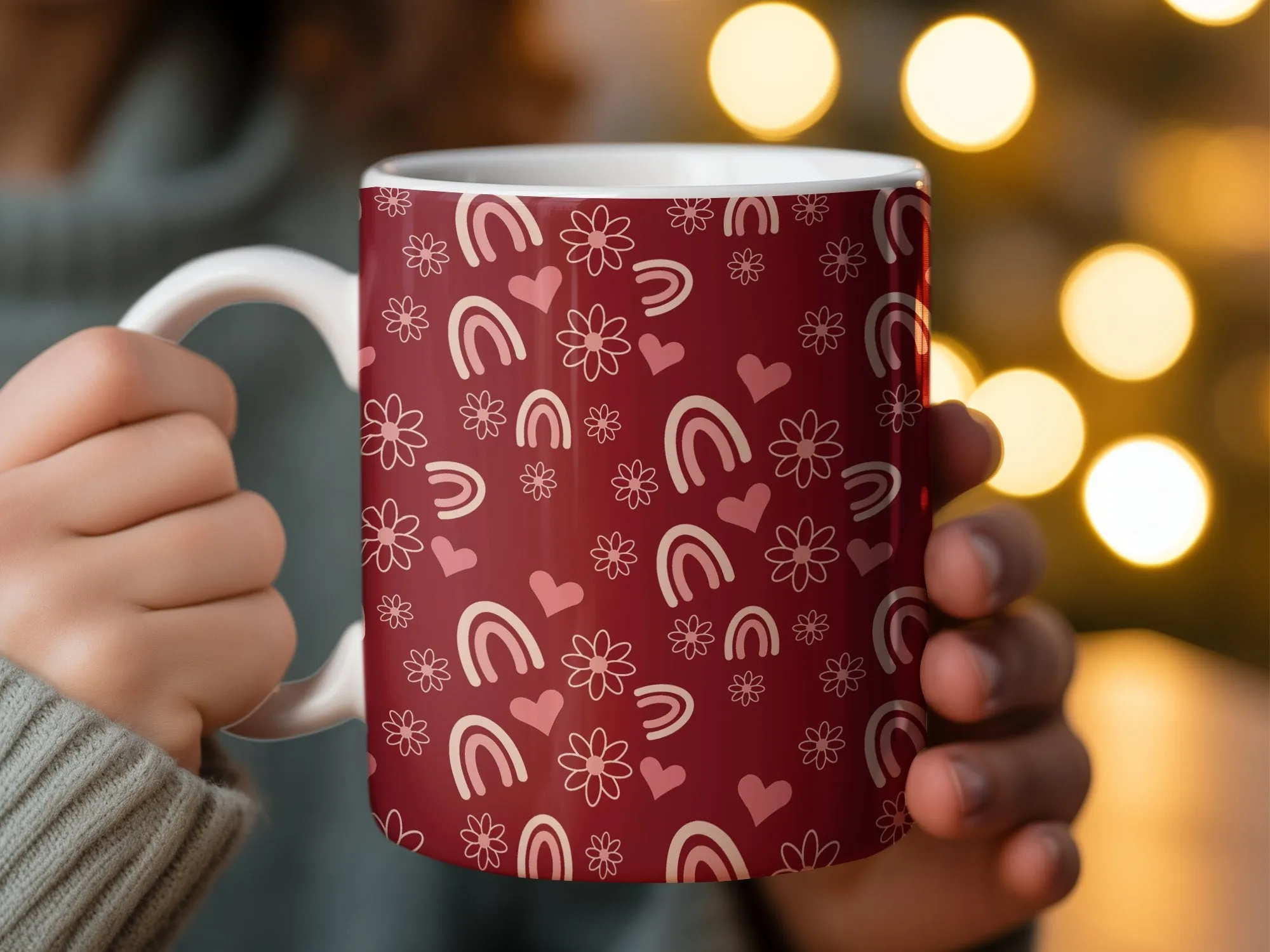 Whimsical Hearts and Rainbows Red Mug, Valentine's Day Love Coffee Cup, Unique Rainbow Pattern Drinkware, Gift for Her