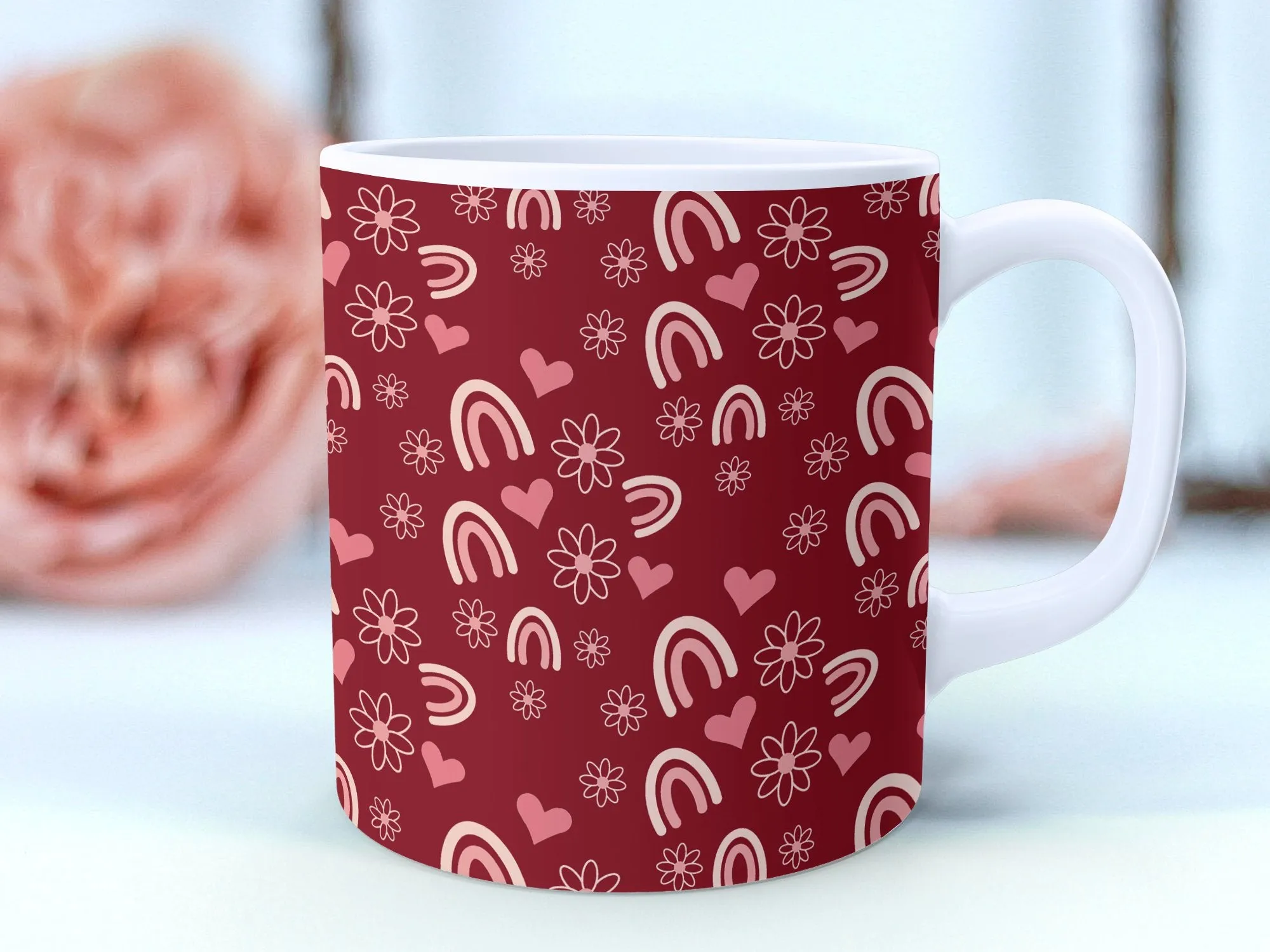 Whimsical Hearts and Rainbows Red Mug, Valentine's Day Love Coffee Cup, Unique Rainbow Pattern Drinkware, Gift for Her