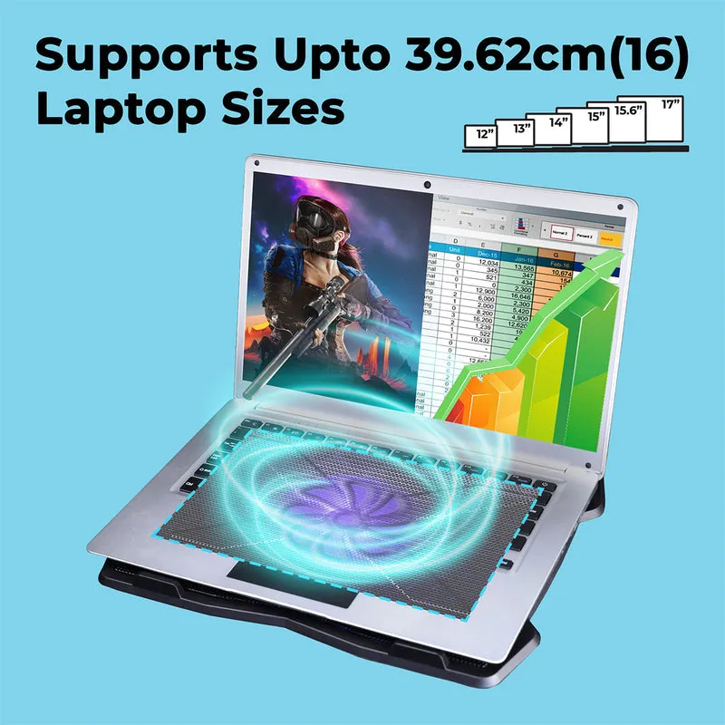 Zebronics NC2100 Laptop Cooling Stand with 125mm Fan, Silent Operation, LED Light, Supports up to 15.6 inch Laptops and Retractable Stand